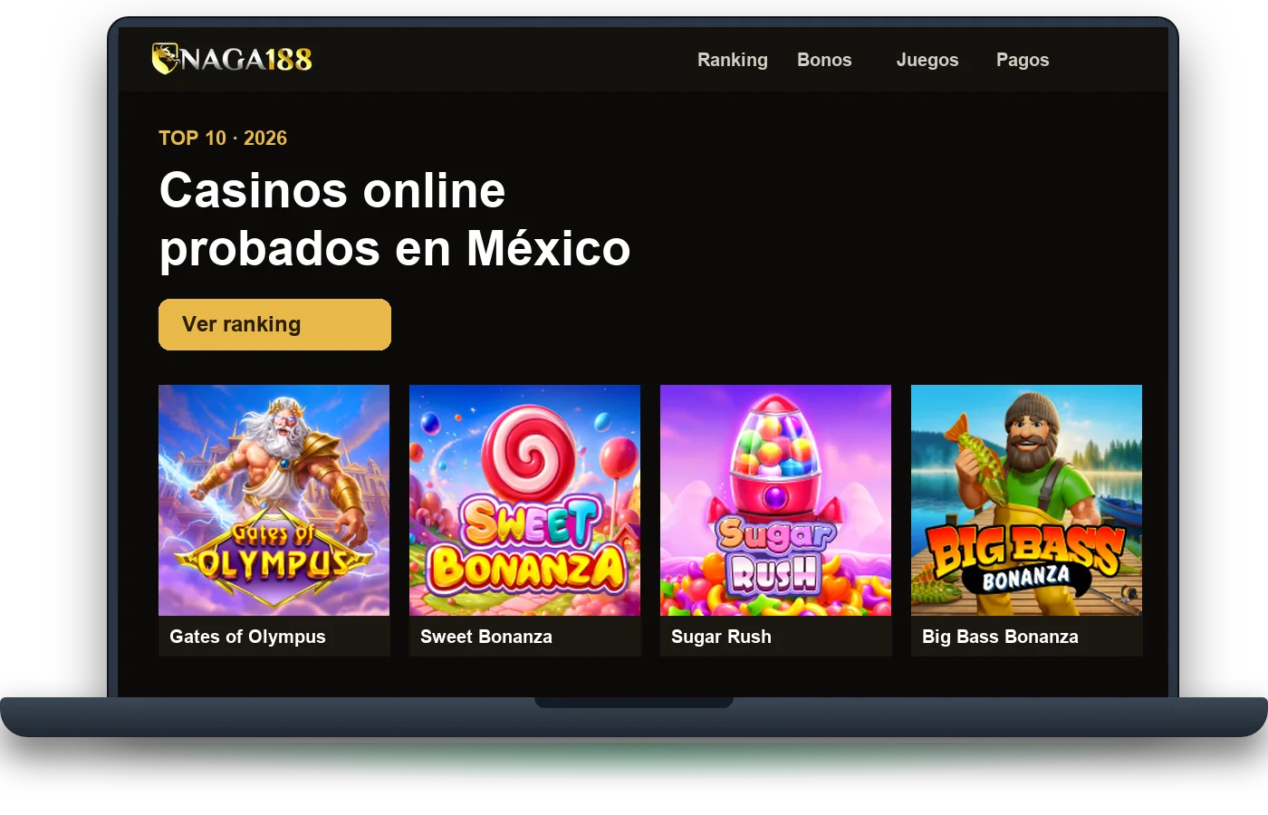 Casino en línea abierto en una laptop con tragamonedas y ruleta en vivo